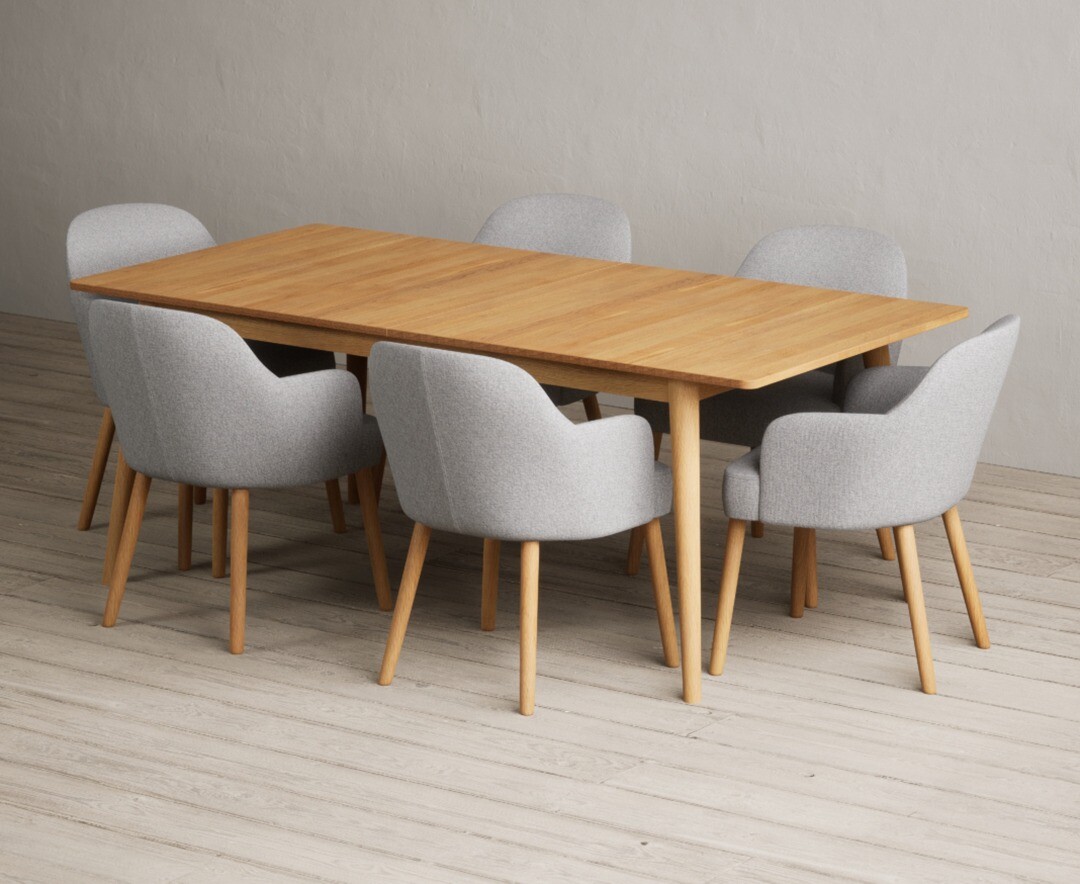 Product photograph of Extending Ruben 200cm Retro Oak Dining Table With 8 Light Grey Oliver Chairs from Oak Furniture Superstore