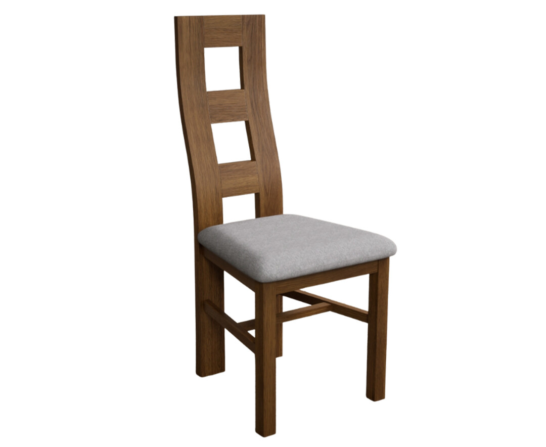 Photo 1 of Rustic solid oak flow back dining chairs with light grey fabric seat pad
