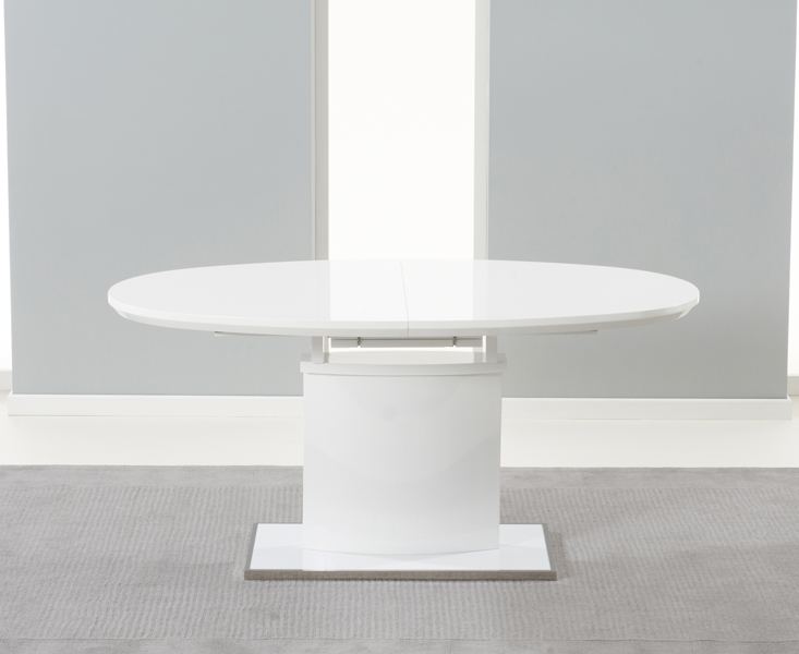 Photo 3 of Extending valzo 160cm white high gloss pedestal dining table with 4 black austin chairs