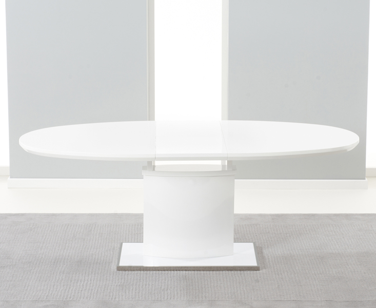 Photo 1 of Extending valzo 160cm white high gloss pedestal dining table with 6 black aldo chairs