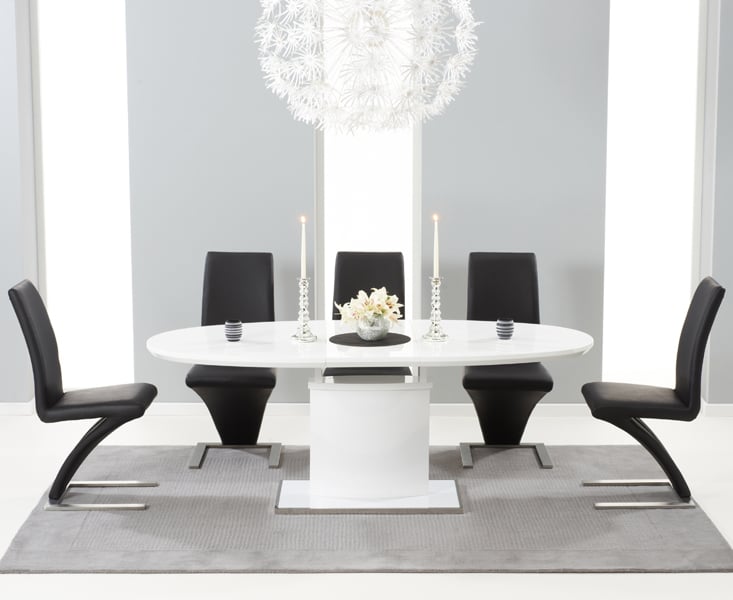 Extending Valzo 160cm White High Gloss Pedestal Dining Table With 6 Black Aldo Chairs
