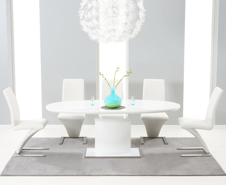 Extending Valzo 160cm White High Gloss Pedestal Dining Table With 6 White Aldo Chairs