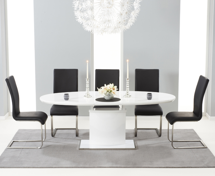 Photo 2 of Extending valzo 160cm white high gloss pedestal dining table with 6 grey austin chairs