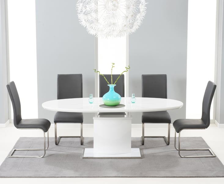 Extending Valzo 160cm White High Gloss Pedestal Dining Table With 8 White Austin Chairs