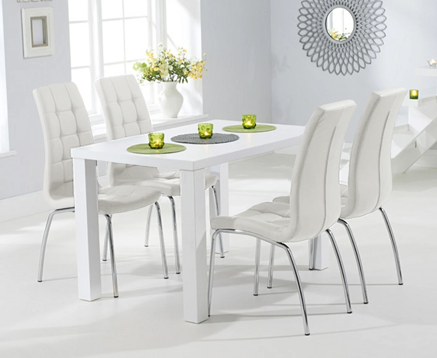 Photo 1 of Seattle 120cm white high gloss dining table with 4 cream enzo chairs