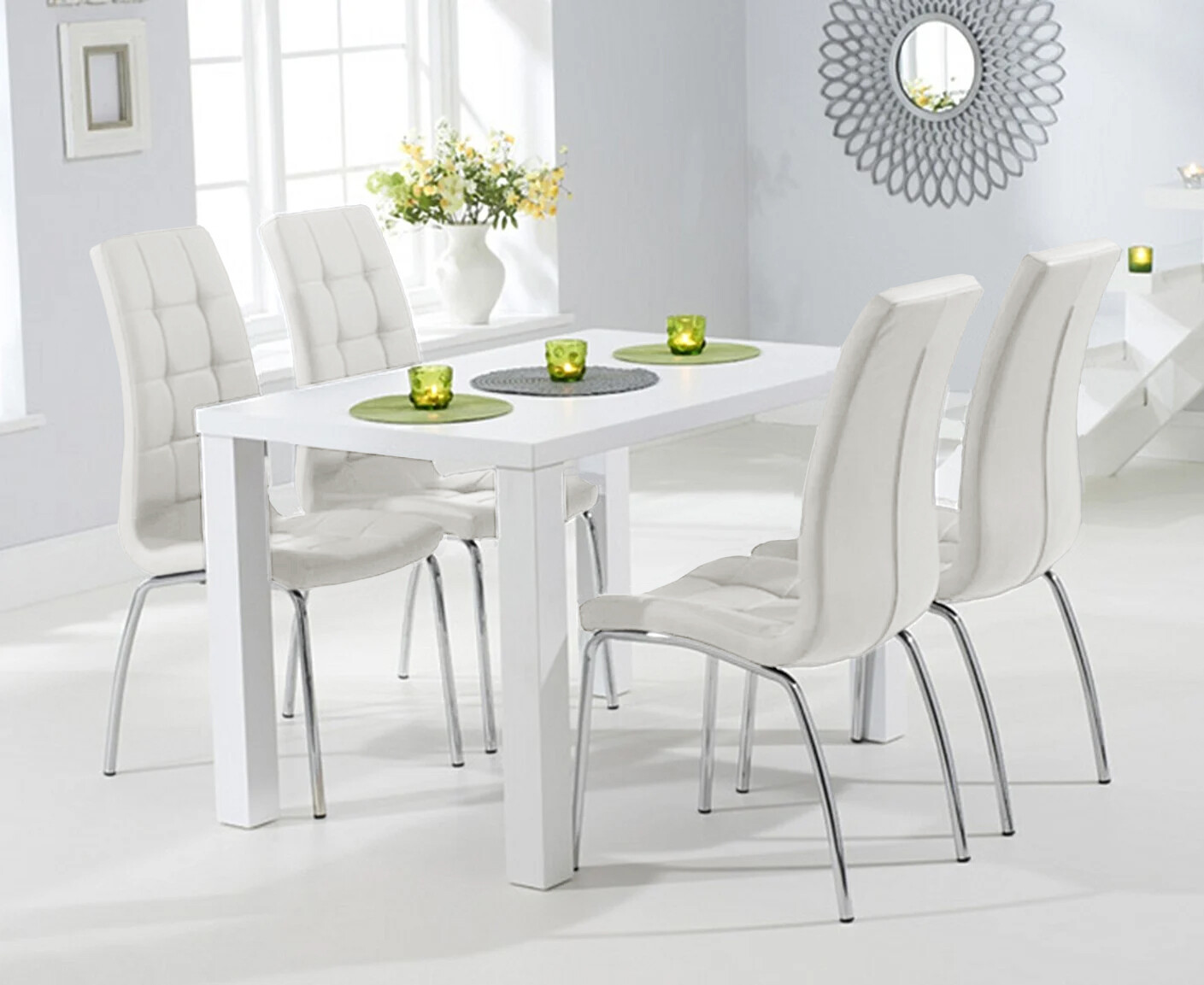 Seattle 120cm White High Gloss Dining Table With 4 Grey Enzo Chairs