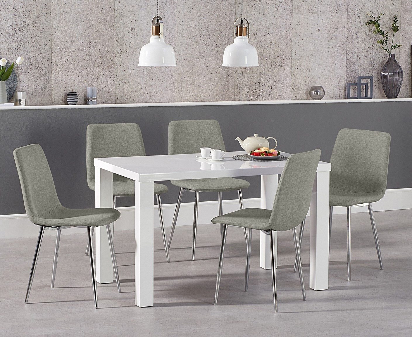 Product photograph of Seattle 120cm White High Gloss Dining Table With 4 Grey Astrid Fabric Chrome Chairs from Oak Furniture Superstore