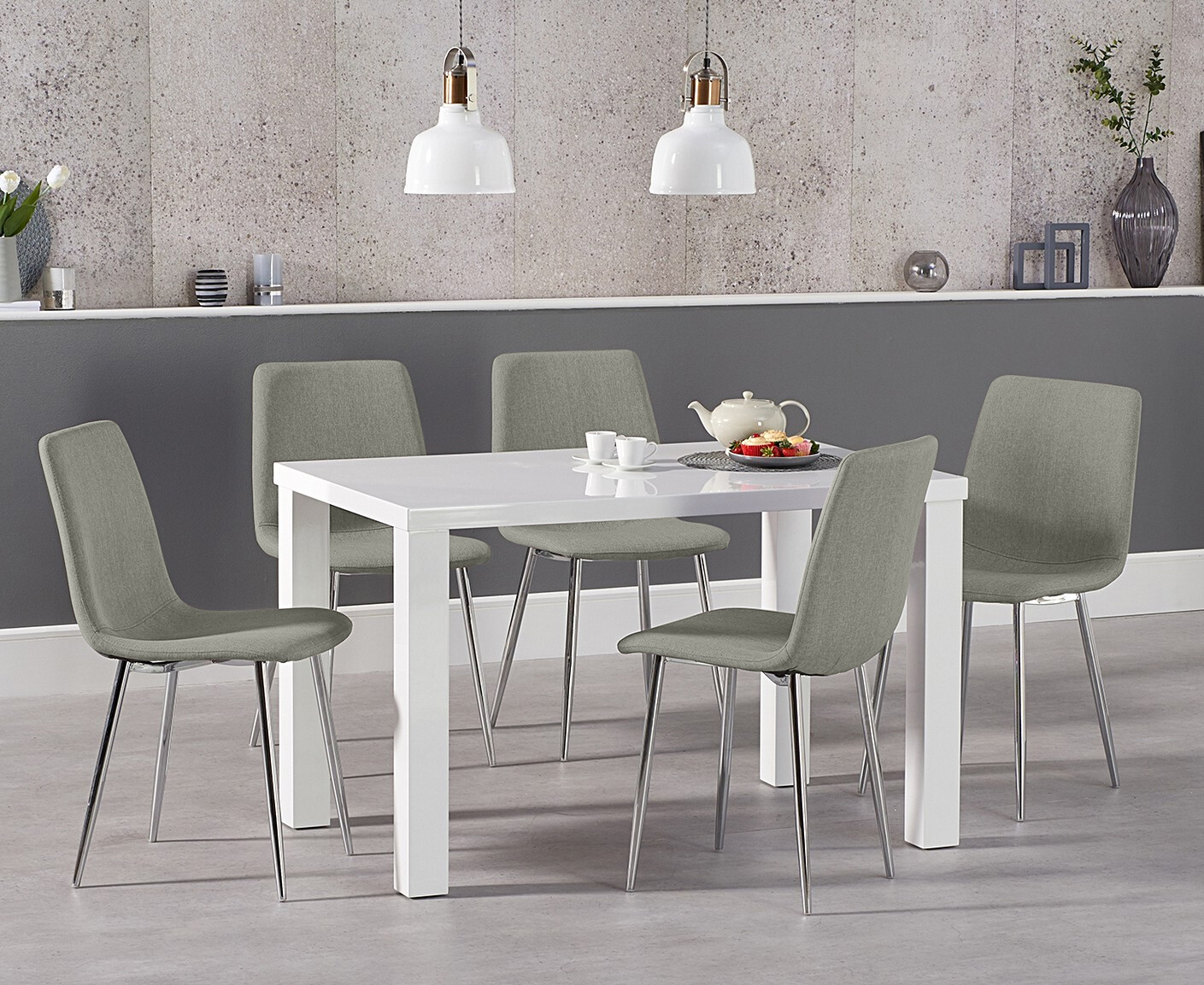 Seattle 120cm White High Gloss Dining Table With 6 Grey Astrid Fabric Chrome Chairs