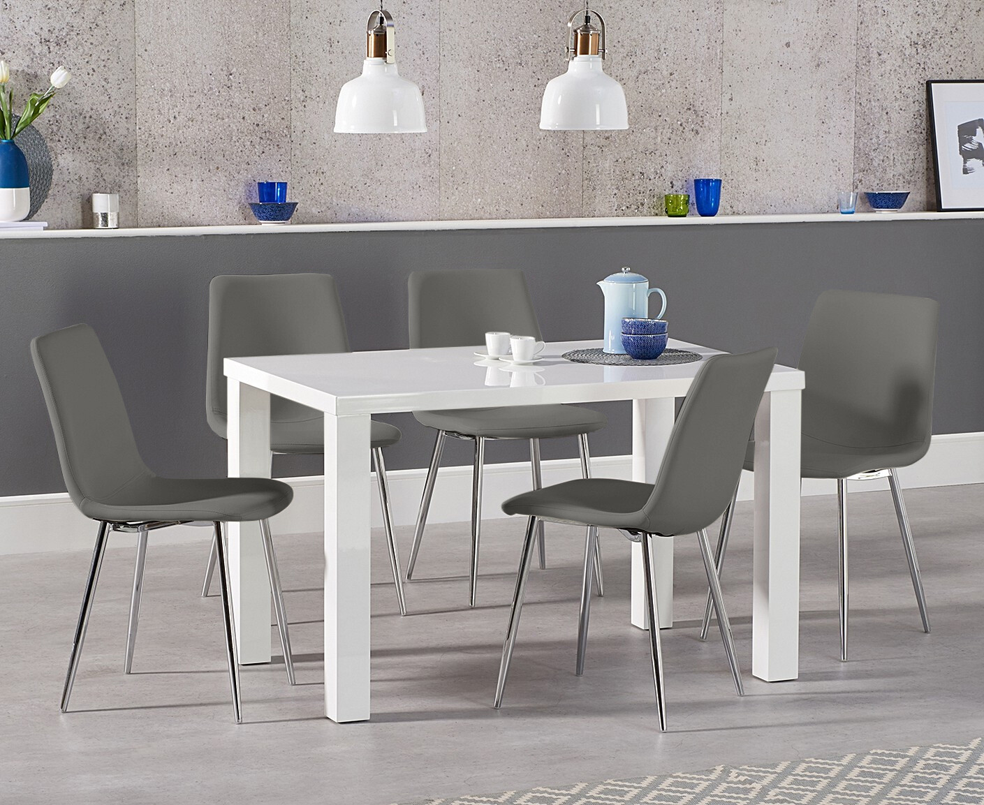 Product photograph of Seattle 120cm White High Gloss Dining Table With 6 Grey Astrid Faux Leather Chairs from Oak Furniture Superstore