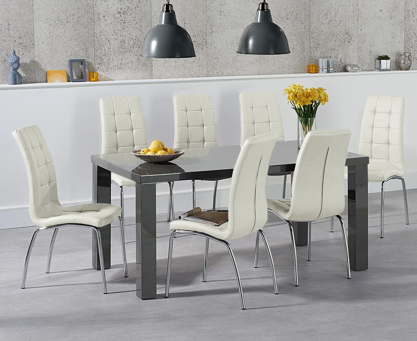 Photo 3 of Seattle 160cm dark grey high gloss dining table with 4 cream enzo chairs