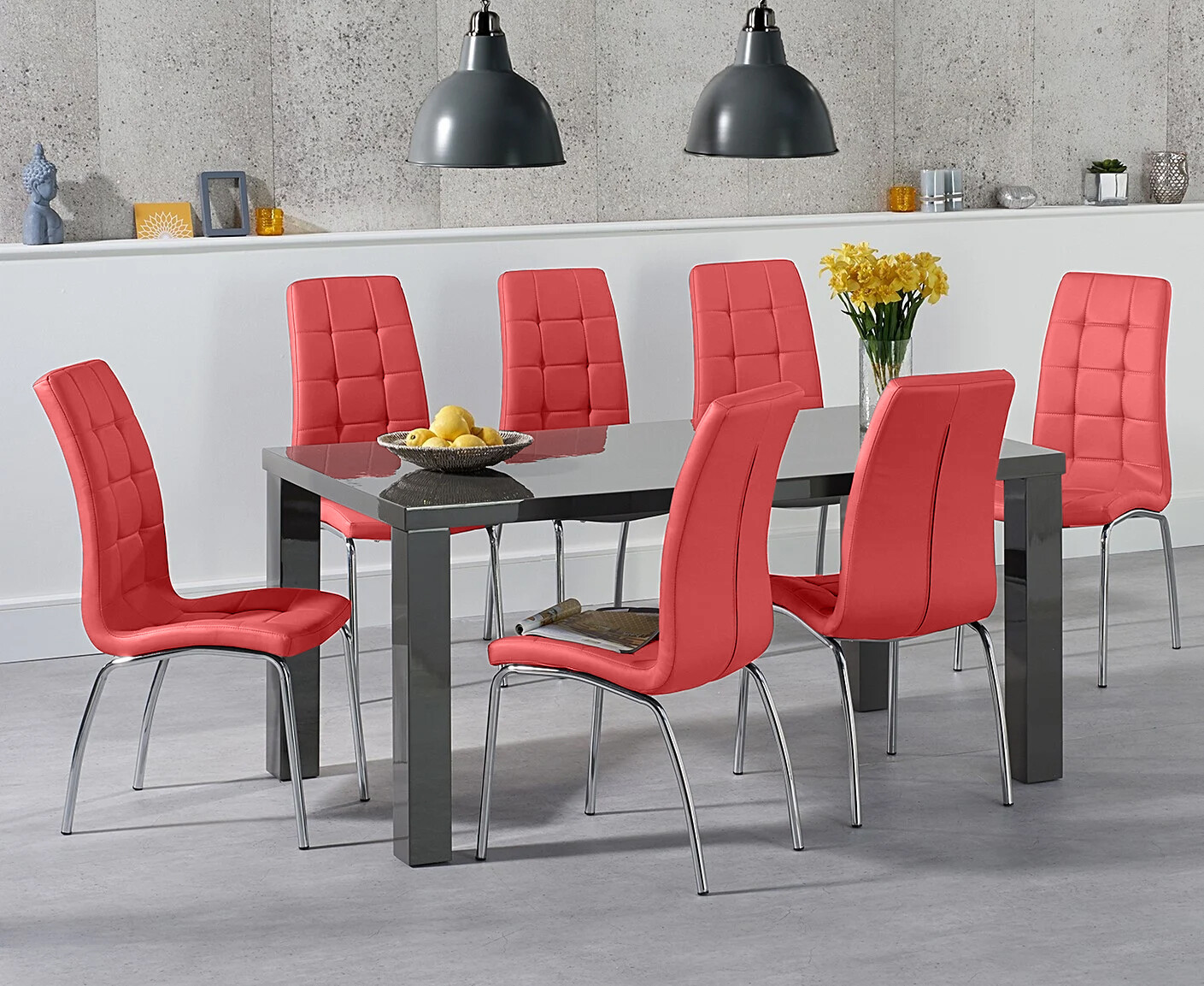 Seattle 160cm Dark Grey High Gloss Dining Table With 8 White Enzo Chairs