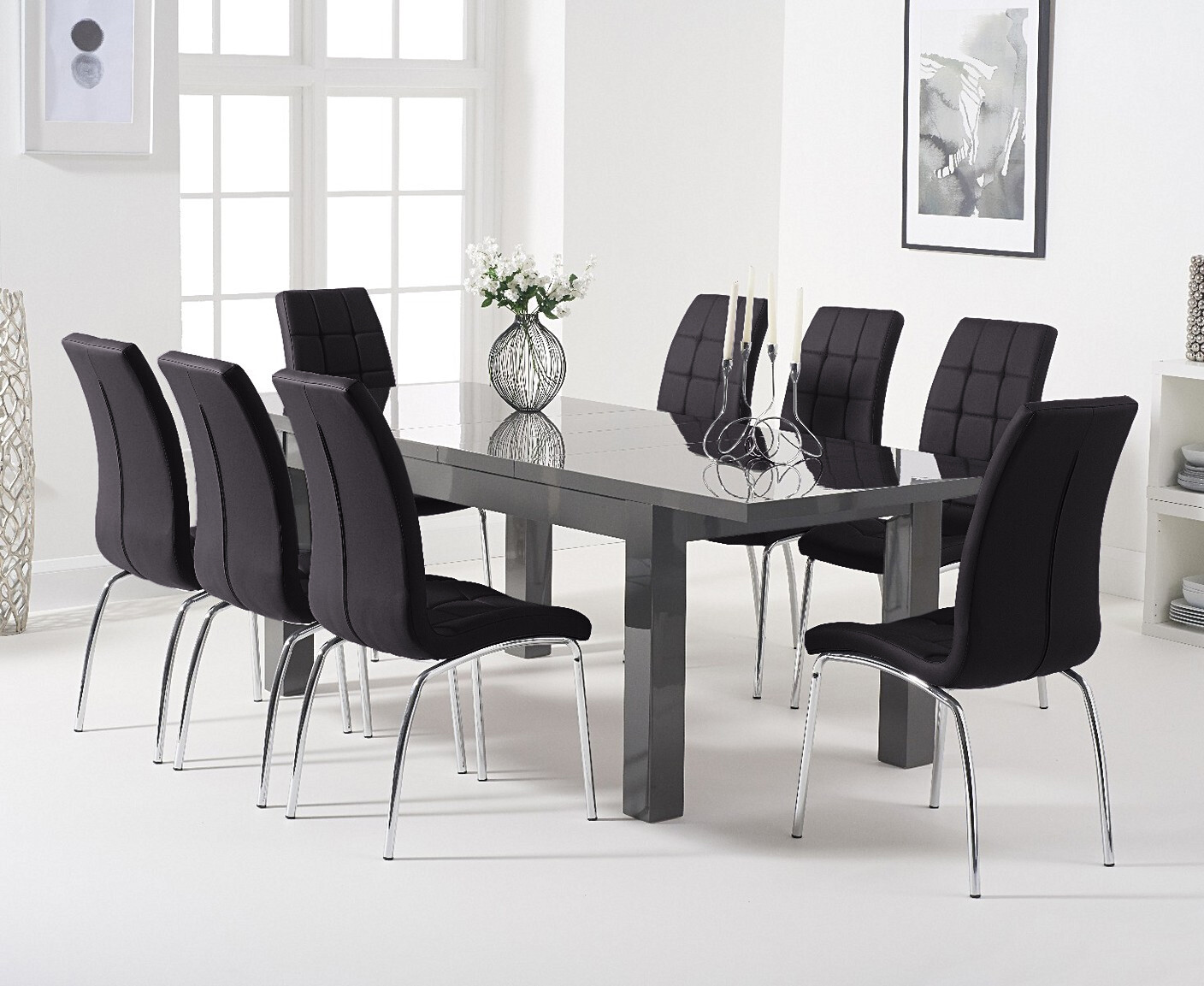 Product photograph of Extending Seattle 160cm Dark Grey High Gloss Dining Table With 6 Cream Enzo Chairs from Oak Furniture Superstore