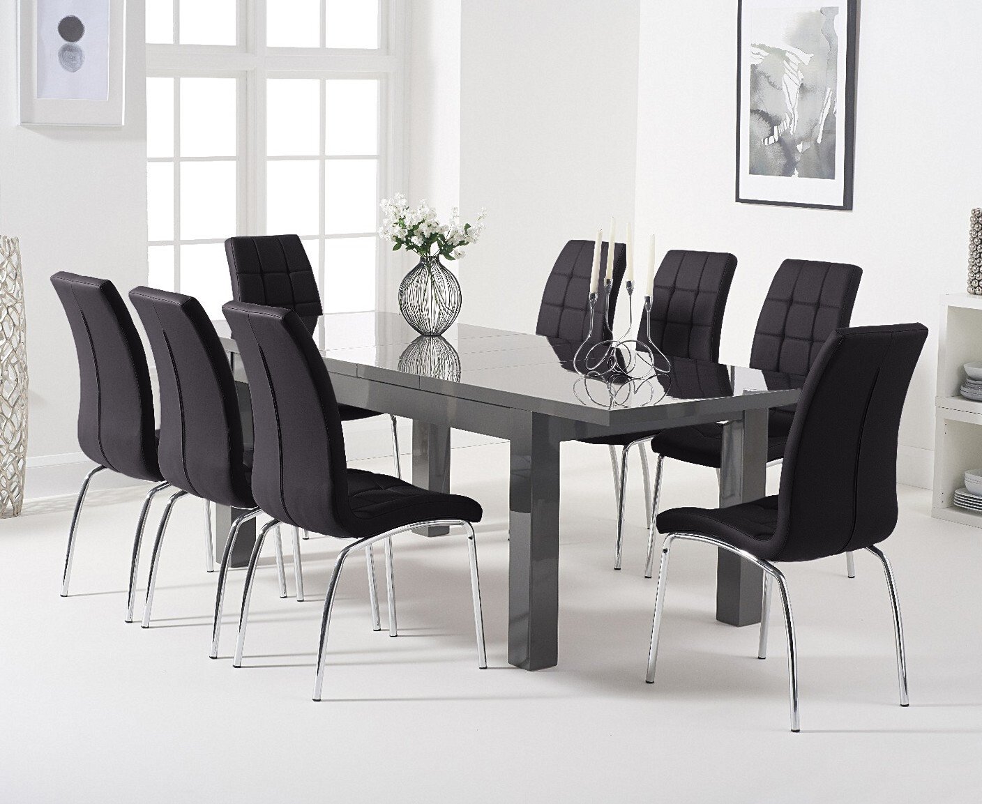 Extending Seattle 160cm Dark Grey High Gloss Dining Table With 6 White Enzo Chairs