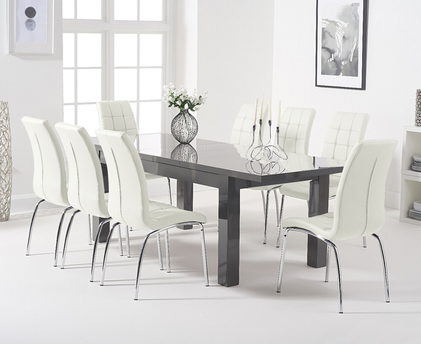 Photo 2 of Extending seattle 160cm dark grey high gloss dining table with 10 cream enzo chairs