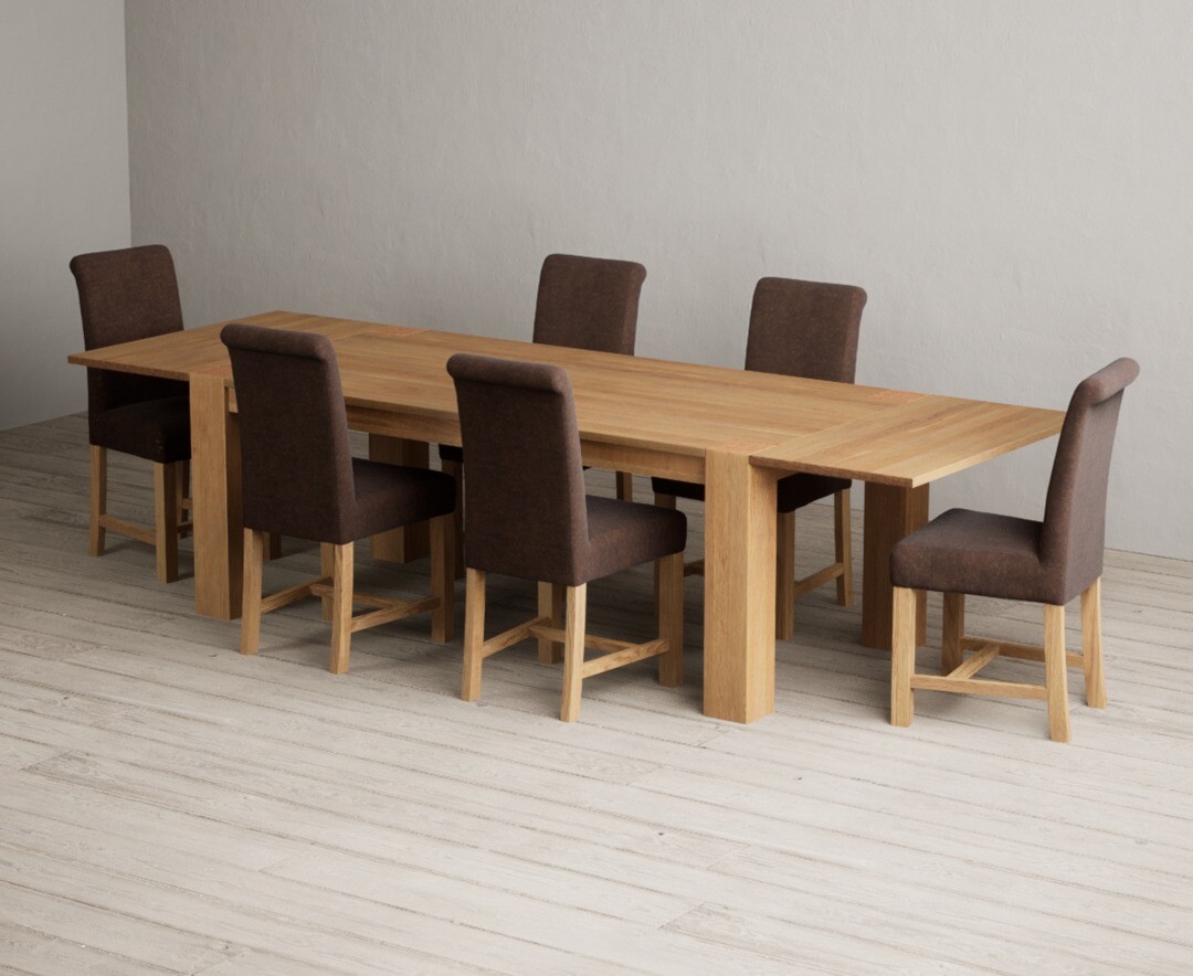 Product photograph of Sheringham 200cm Solid Oak Dining Table With Sheringham Oak Extensions Pair With 8 Blue Scroll Back Chairs from Oak Furniture Superstore