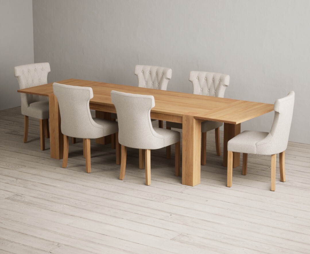 Product photograph of Sheringham 200cm Solid Oak Dining Table With 8 Grey Clara Chairs With Sheringham Oak Extensions Pair from Oak Furniture Superstore
