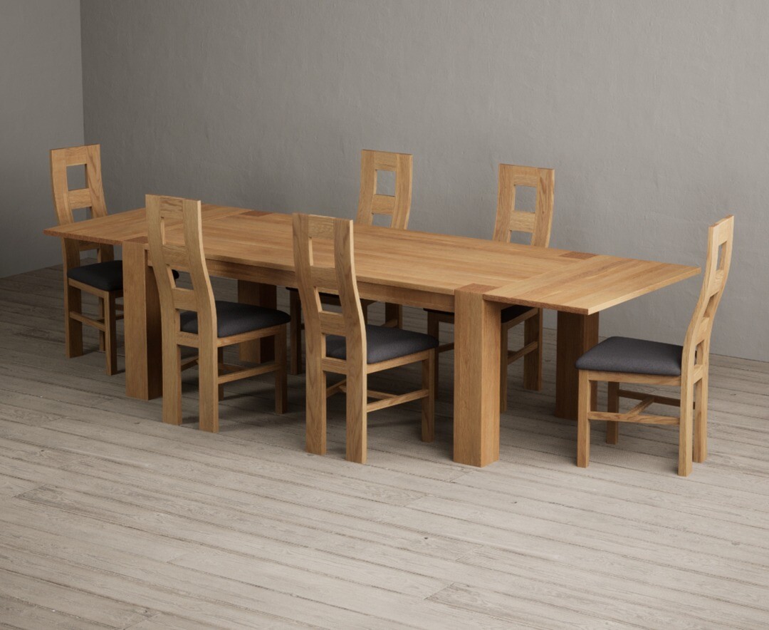 Product photograph of Sheringham 200cm Solid Oak Dining Table With Sheringham Oak Extensions Pair With 8 Linen Natural Chairs from Oak Furniture Superstore