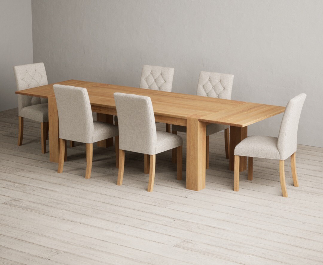 Product photograph of Sheringham 200cm Solid Oak Dining Table With 6 Grey Isabella Chairs With Sheringham Oak Extensions Pair from Oak Furniture Superstore