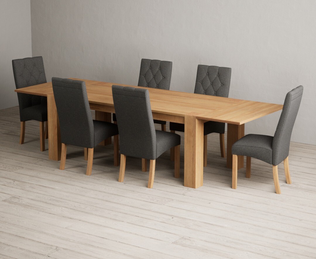 Product photograph of Sheringham 200cm Solid Oak Dining Table With 8 Grey Maya Chairs With Sheringham Oak Extensions Pair from Oak Furniture Superstore