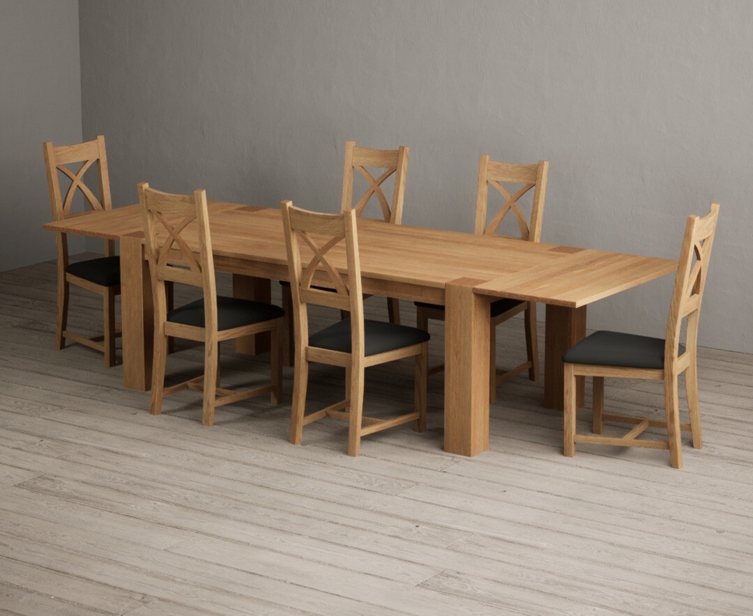 Product photograph of Sheringham 200cm Solid Oak Dining Table With Sheringham Oak Extensions Pair With 12 Grey Natural Solid Oak Chairs from Oak Furniture Superstore