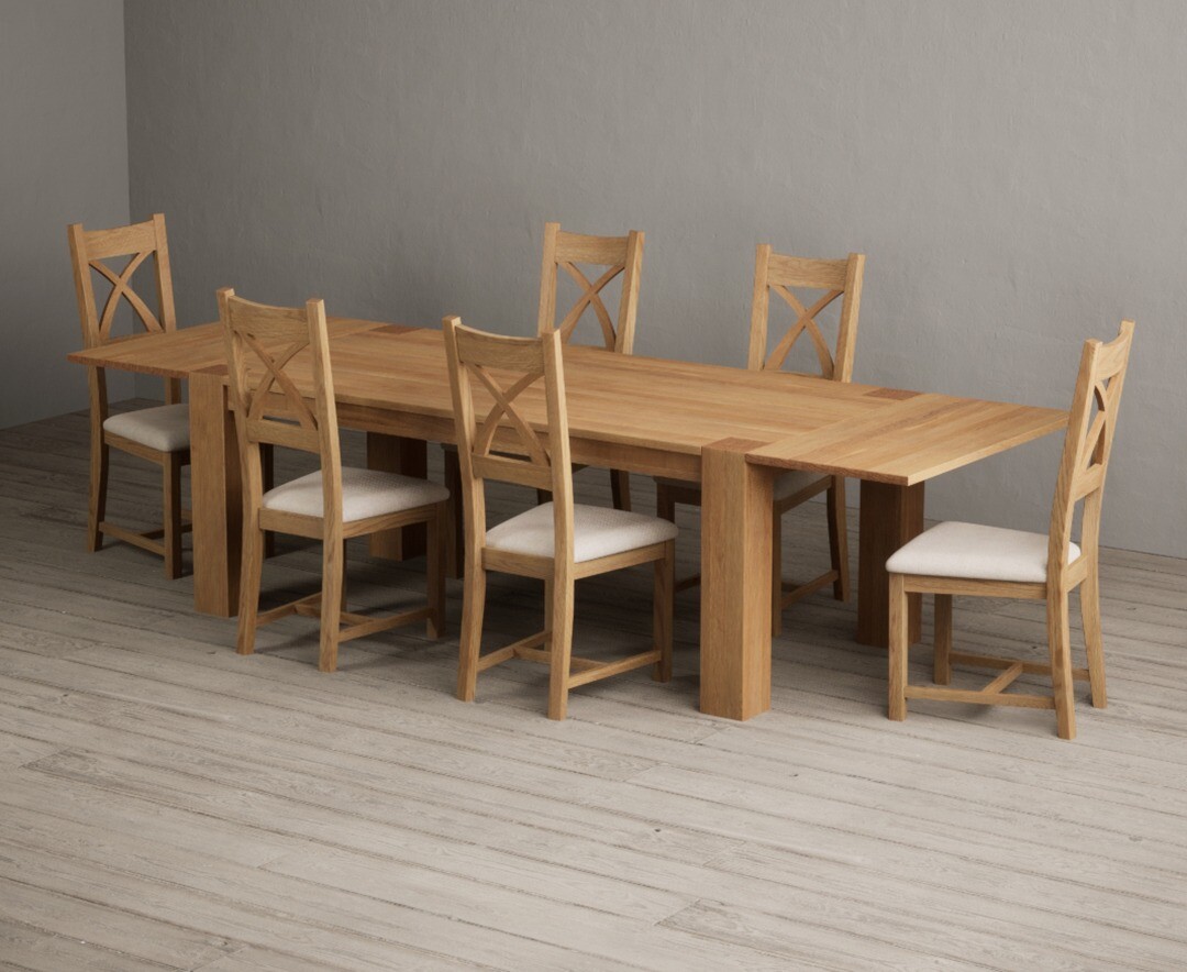 Product photograph of Sheringham 200cm Solid Oak Dining Table With Sheringham Oak Extensions Pair With 8 Light Grey Natural Solid Oak Chairs from Oak Furniture Superstore