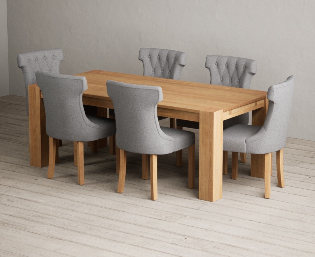 Product photograph of Sheringham 200cm Solid Oak Dining Table With 8 Grey Clara Chairs from Oak Furniture Superstore