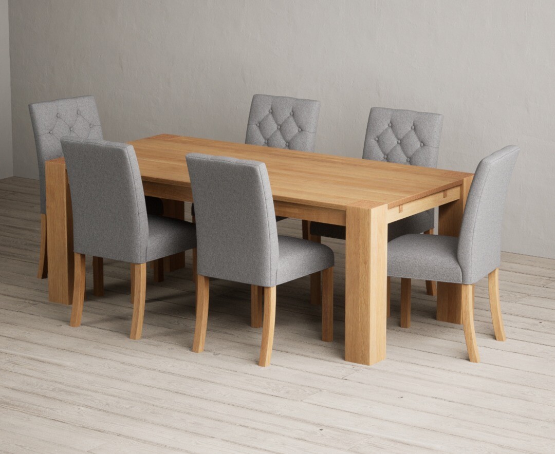 Product photograph of Sheringham 200cm Solid Oak Dining Table With 8 Grey Isabella Chairs from Oak Furniture Superstore