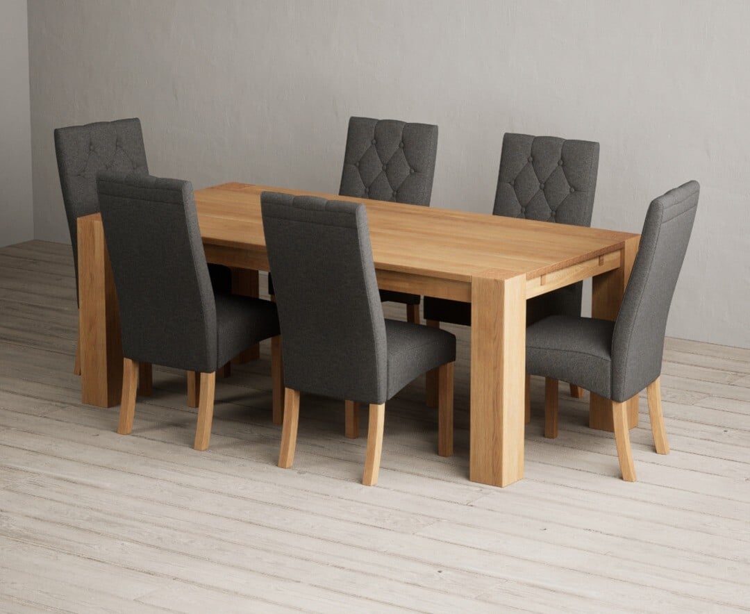 Product photograph of Sheringham 200cm Solid Oak Dining Table With 6 Grey Maya Chairs from Oak Furniture Superstore