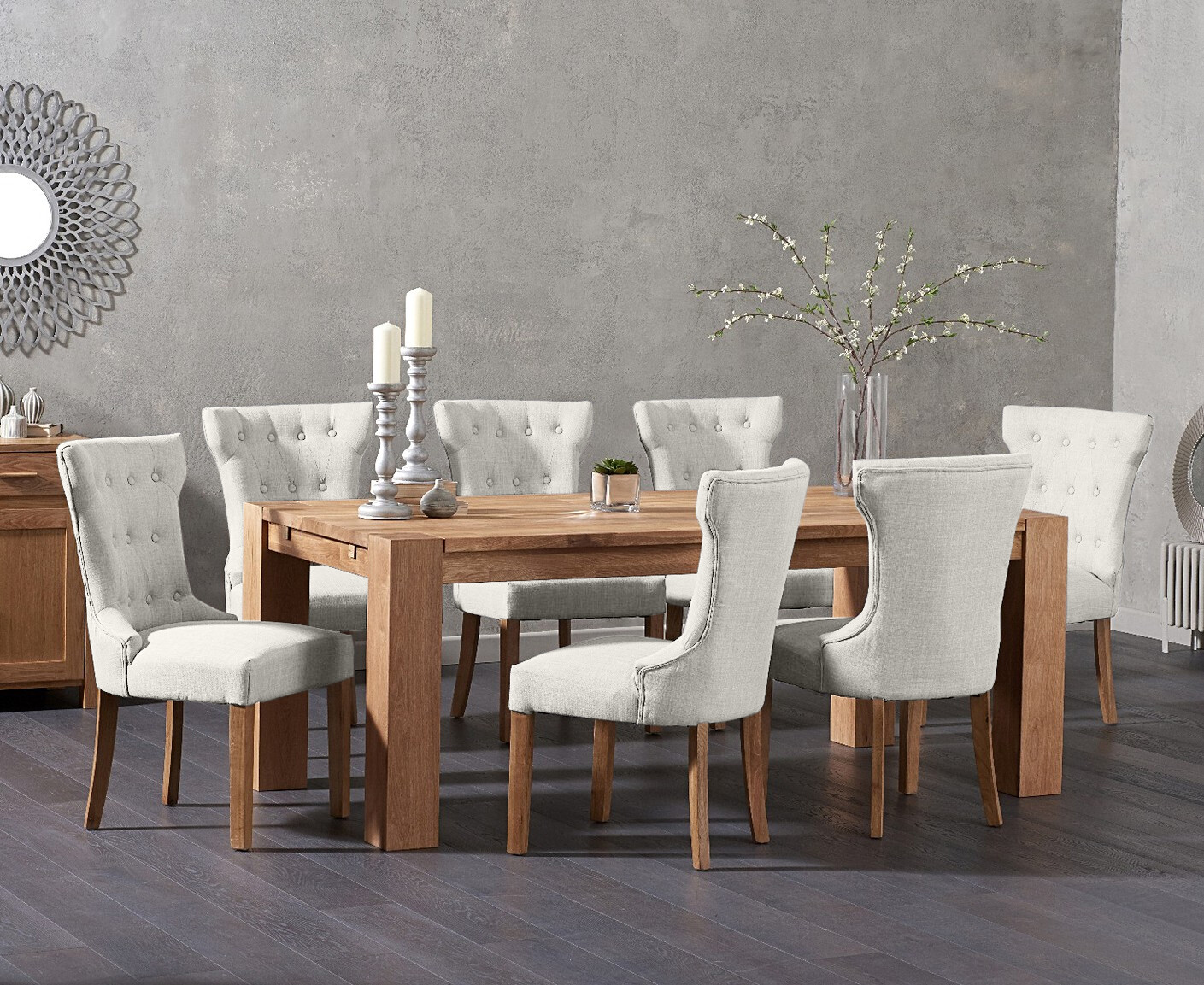 Product photograph of Sheringham 240cm Solid Oak Dining Table With 10 Natural Clara Fabric Chairs from Oak Furniture Superstore