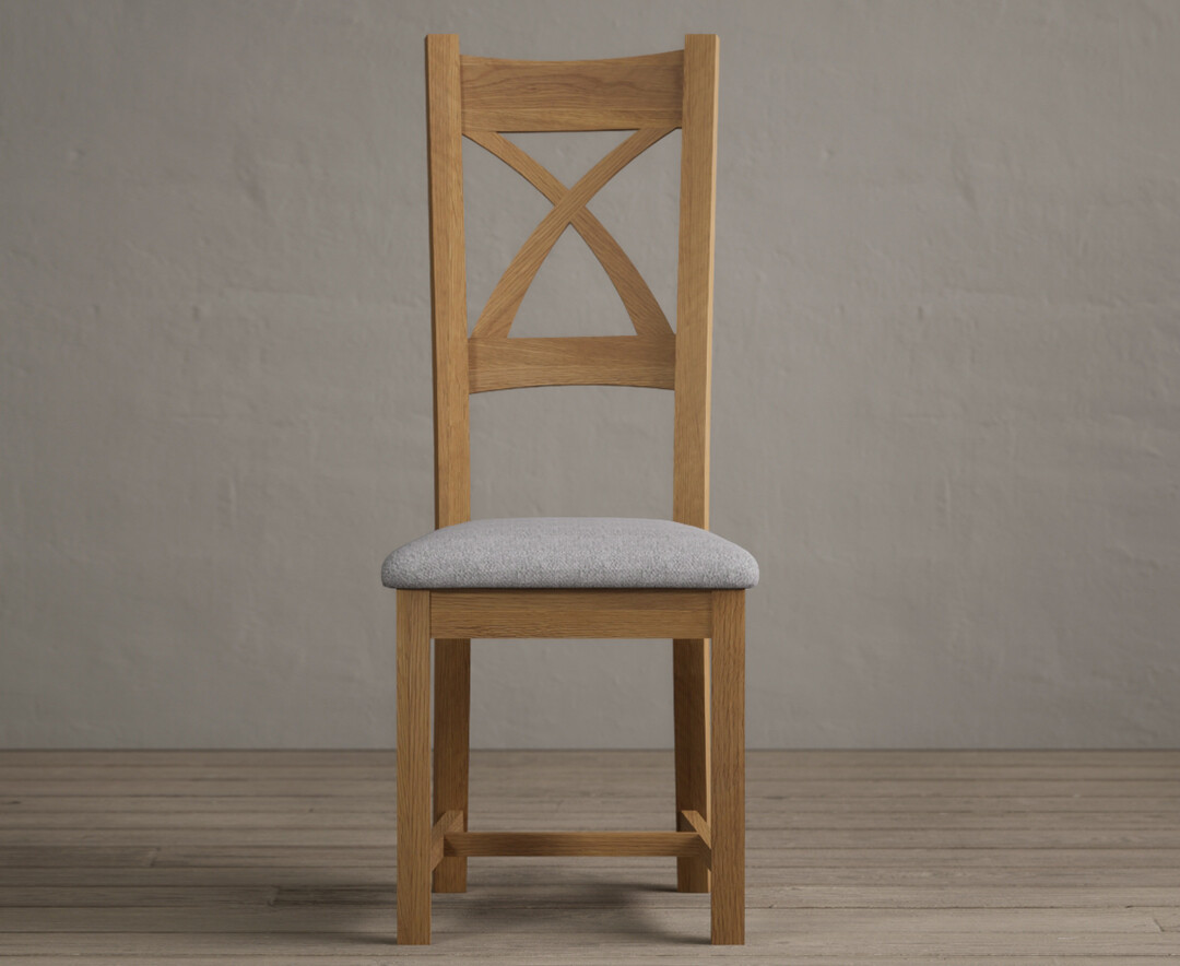 Product photograph of Natural Solid Oak X Back Dining Chairs With Light Grey Fabric Seat Pad from Oak Furniture Superstore