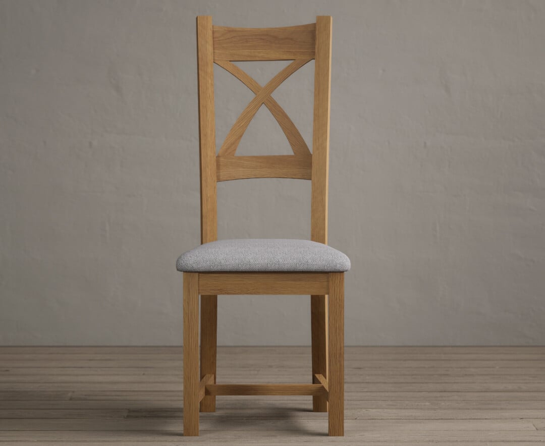 Natural Solid Oak X Back Dining Chairs With Light Grey Fabric Seat Pad