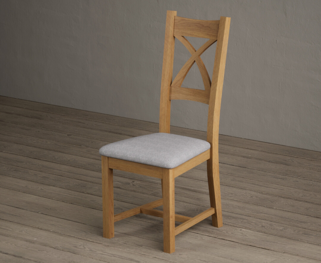 Photo 2 of Natural solid oak x back dining chairs with light grey fabric seat pad