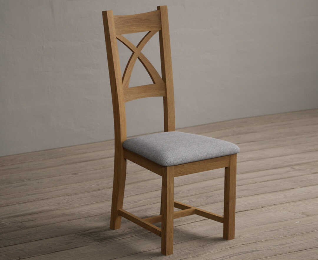 Photo 1 of Natural solid oak x back dining chairs with light grey fabric seat pad