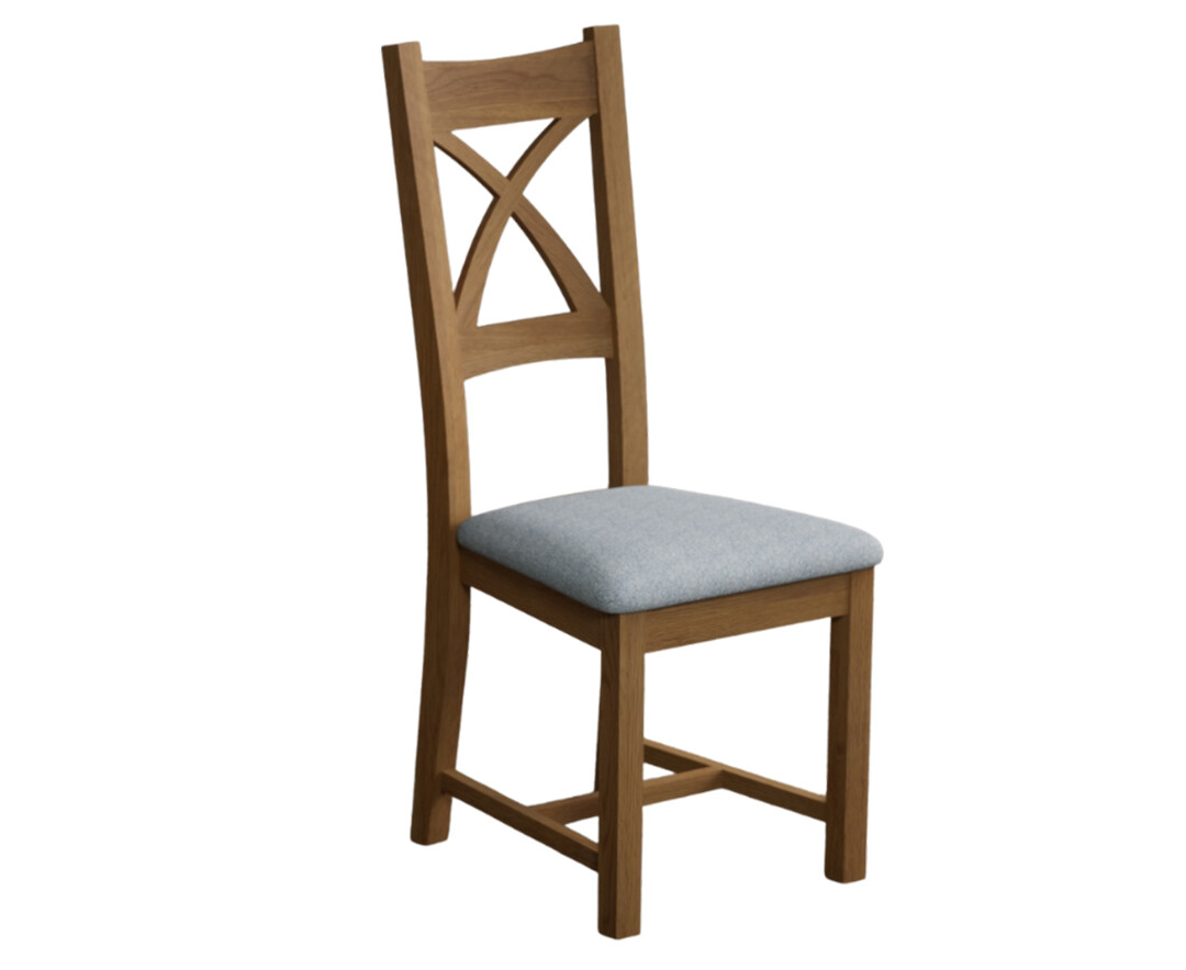 Photo 4 of Natural solid oak x back dining chairs with blue fabric seat pad