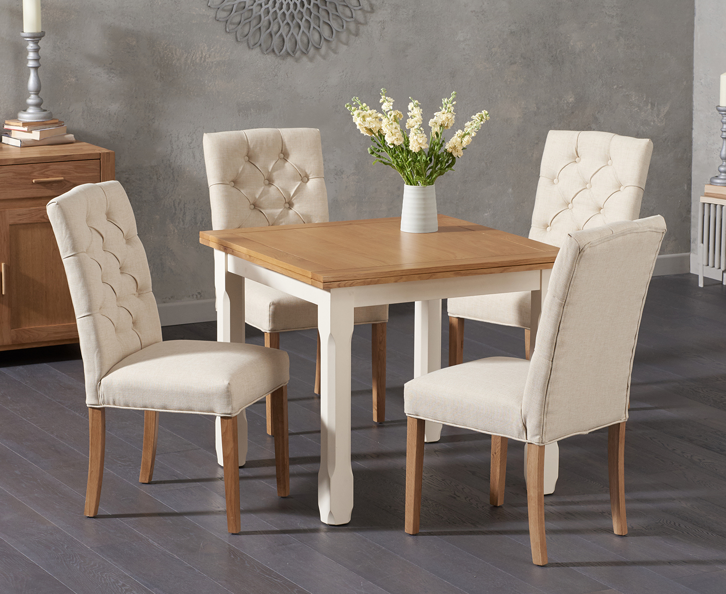 Somerset 90cm Flip Top Oak And Cream Painted Dining Table With 2 Cream Isabella Cream Fabric Chairs