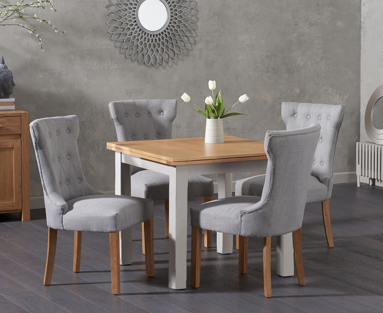 Somerset 90cm Flip Top Oak And Grey Painted Dining Table With 2 Grey Clara Grey Fabric Chairs