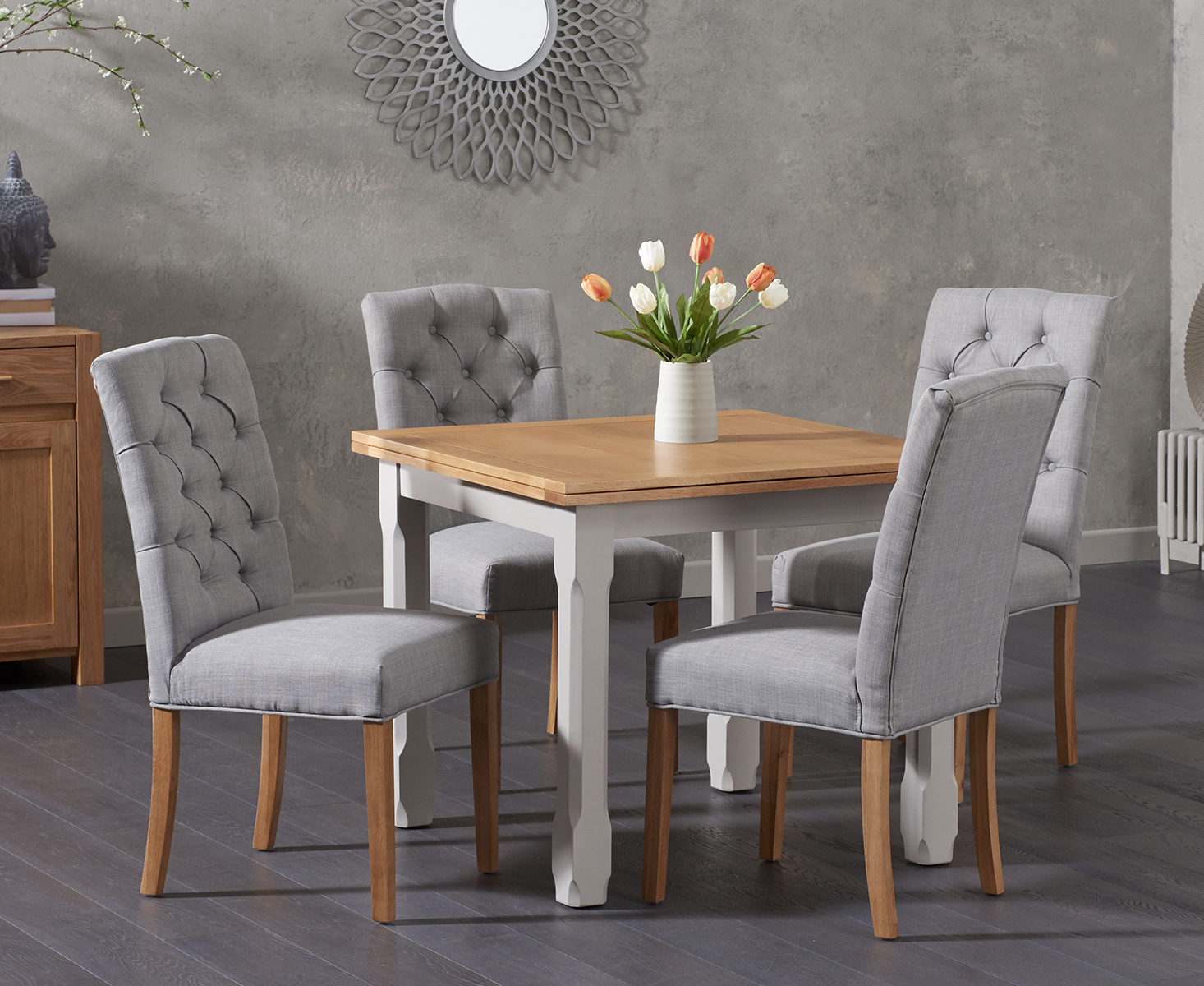 Somerset 90cm Flip Top Oak And Grey Painted Dining Table With 2 Grey Isabella Grey Fabric Chairs