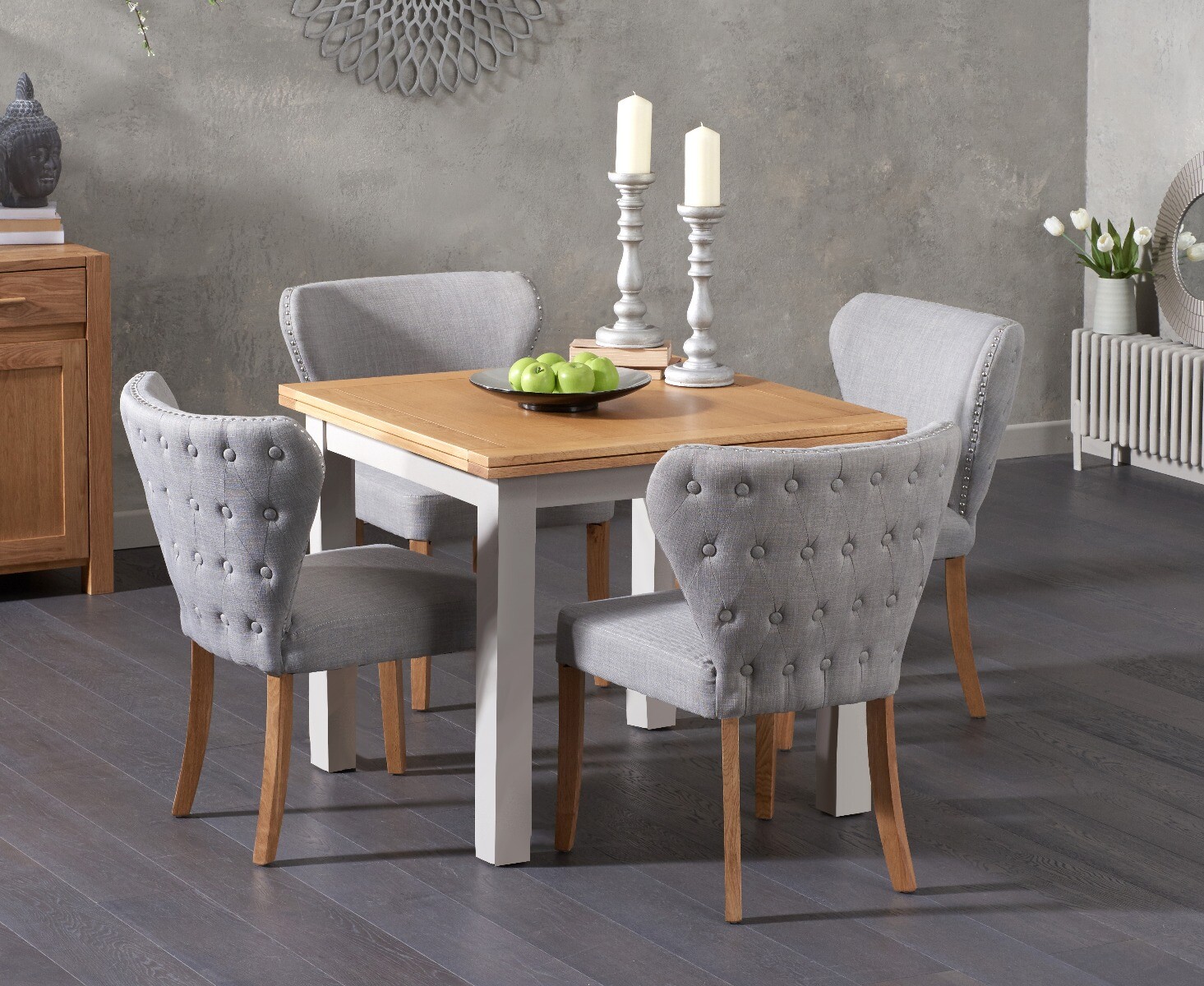 Somerset 90cm Flip Top Oak And Grey Painted Dining Table With 4 Grey Isla Grey Fabric Chairs