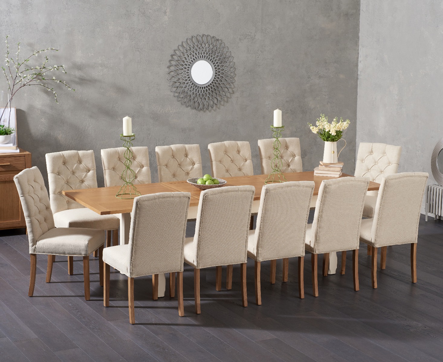 Somerset 180cm Oak And Cream Painted Extending Dining Table With 6 Cream Isabella Fabric Chairs