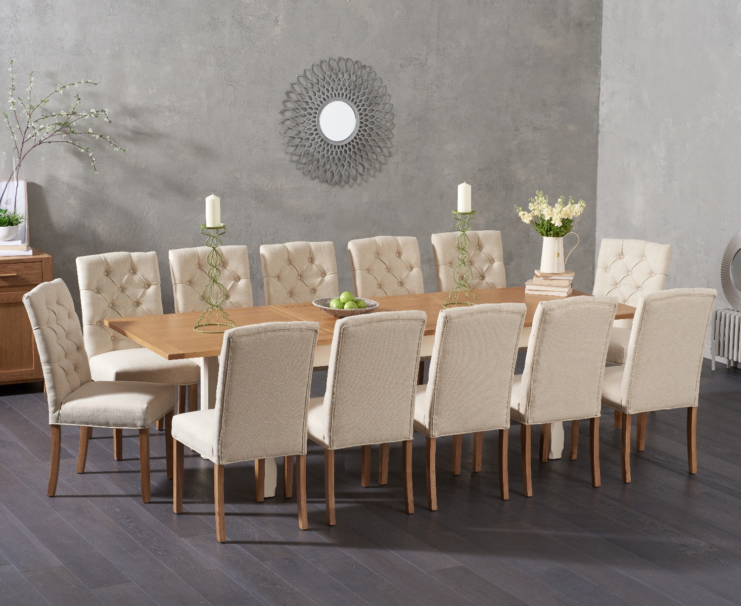 Somerset 180cm Oak And Cream Painted Extending Dining Table With 10 Grey Isabella Fabric Chairs