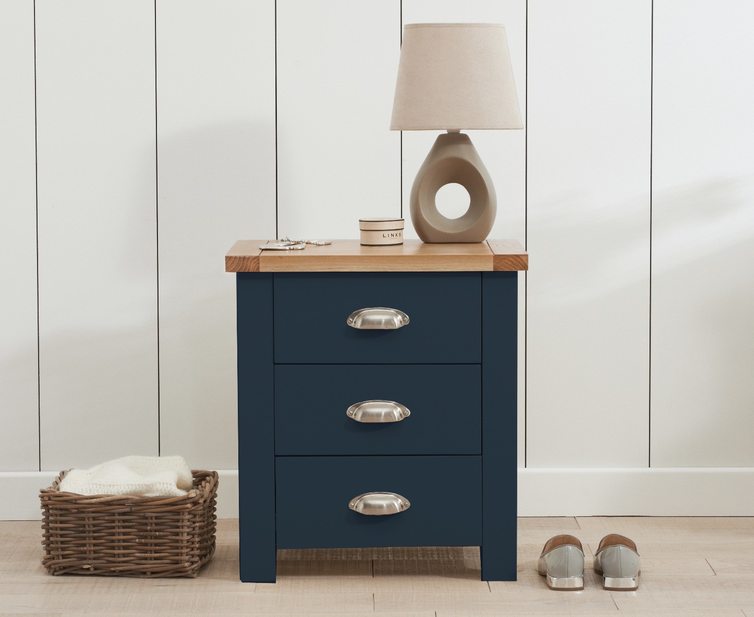 Somerset Oak And Blue 3 Drawer Bedside Table