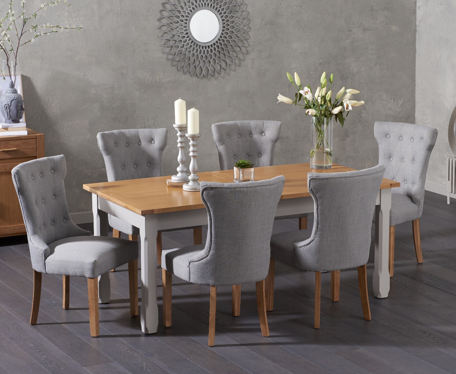 Make Your Dining Area A Comfortable And Stylish Place To Be With The Somerset 180cm Oak And Grey Extending Dining Table With Camille Grey Fabric Chairs Combining An Extending Painted Table With