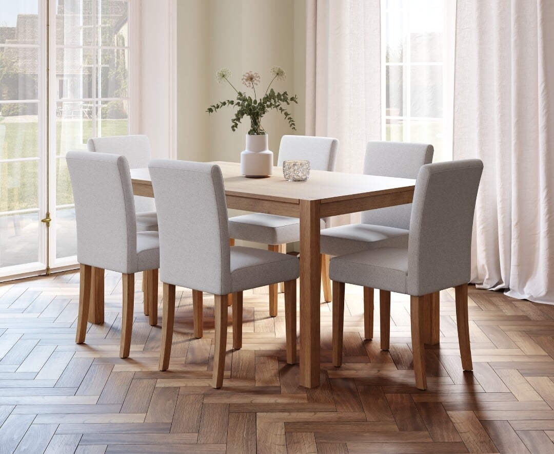 Product photograph of York 150cm Solid Oak Dining Table With 6 Grey Lila Chairs from Oak Furniture Superstore