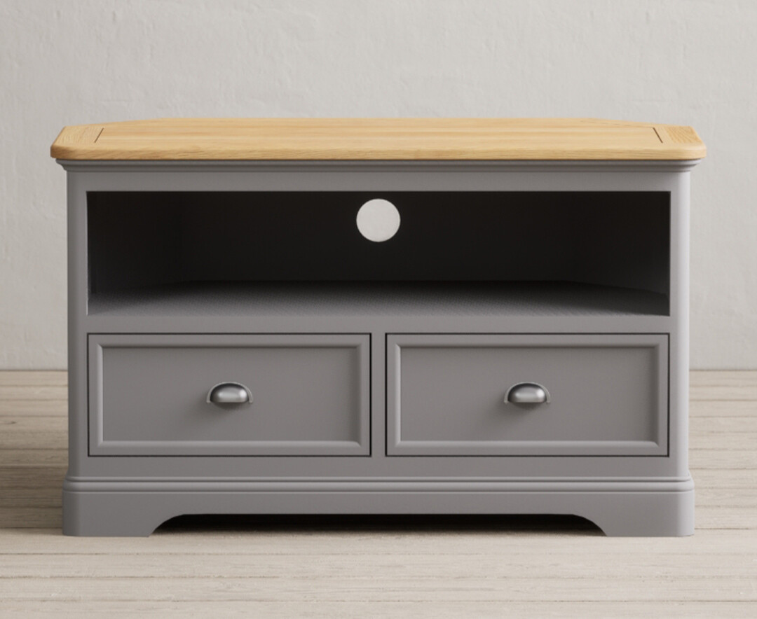 Product photograph of Bridstow Oak And Light Grey Painted Corner Tv Cabinet from Oak Furniture Superstore