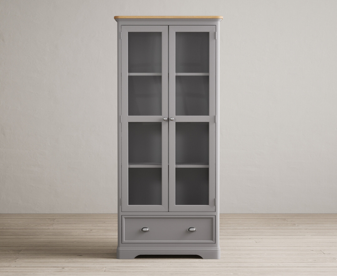 Product photograph of Bridstow Oak And Light Grey Painted Glazed Display Cabinet from Oak Furniture Superstore