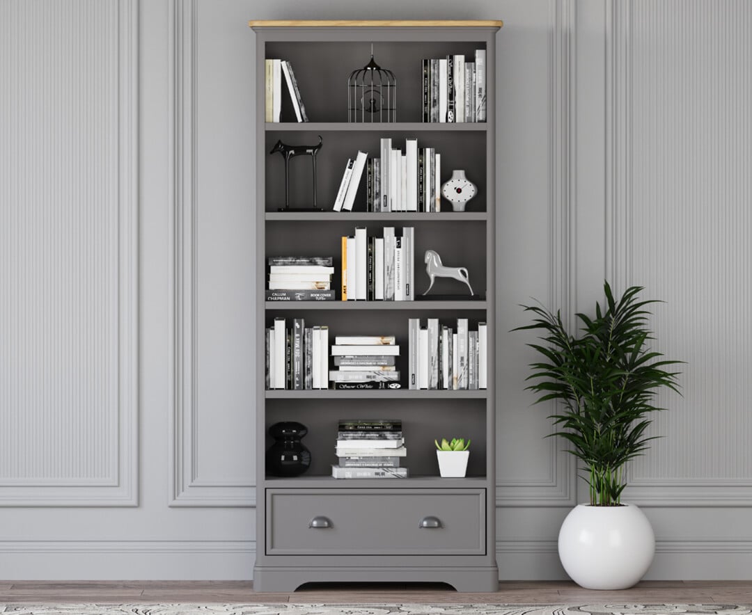Product photograph of Felton Oak And Light Grey Painted Tall Bookcase from Oak Furniture Superstore