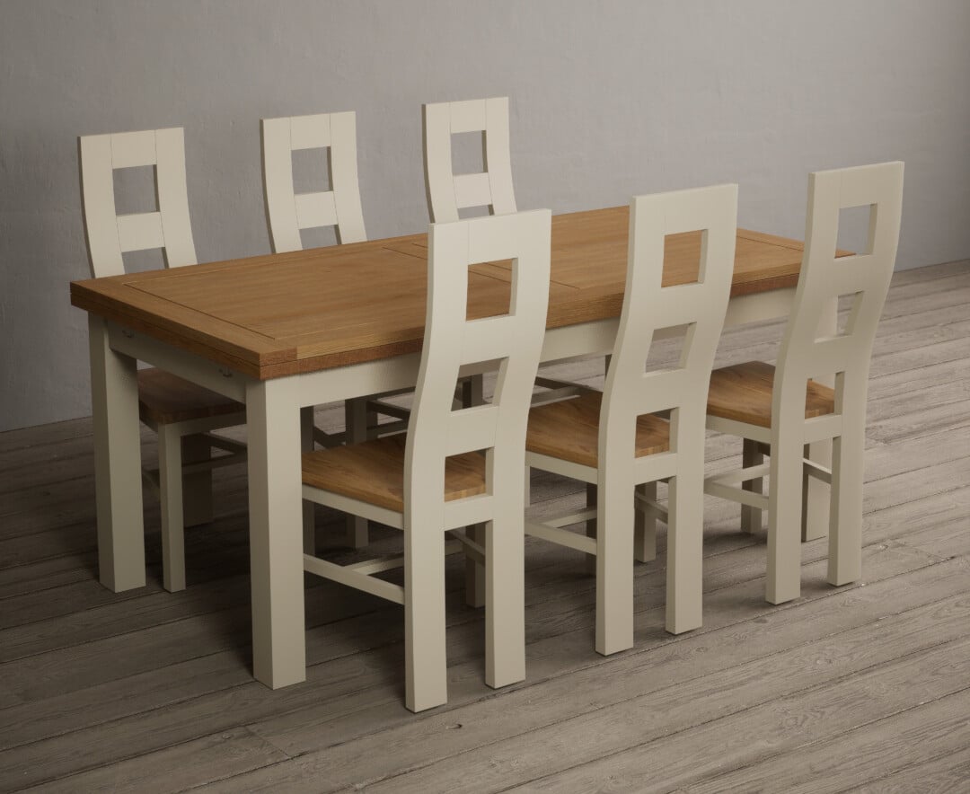 Product photograph of Extending Hampshire 180cm Oak And Cream Painted Dining Table With 6 Oak Flow Back Chairs from Oak Furniture Superstore