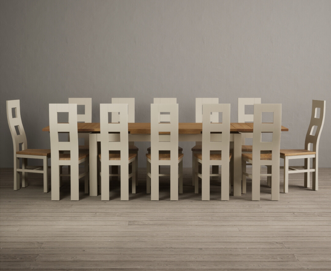 Product photograph of Extending Buxton 180cm Oak And Cream Painted Dining Table With 12 Light Grey Painted Chairs from Oak Furniture Superstore