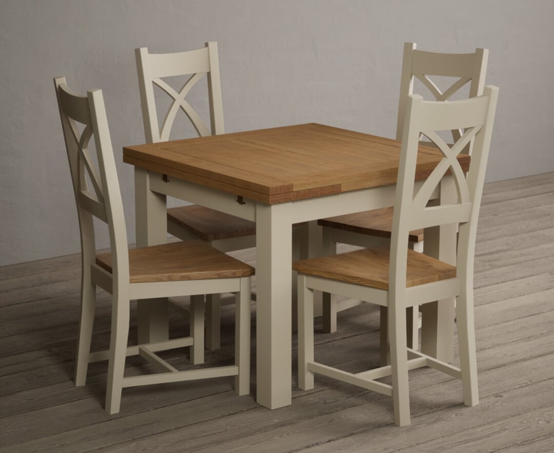 Product photograph of Extending Hampshire 90cm Oak And Cream Dining Table With 4 Linen X Back Chairs from Oak Furniture Superstore