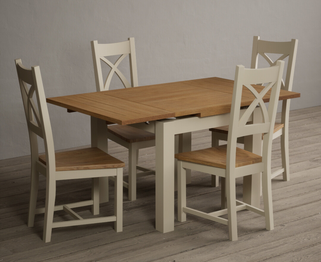 Photo 2 of Extending hampshire 90cm oak and cream dining table with 4 brown x back chairs
